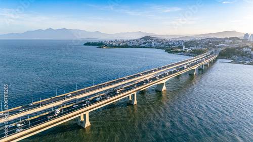Aerial View of Pedro Ivo Campos and Colombo Salles Bridges with City Traffic and Ocean Coastline in Florianopolis Santa Catarina Brazil