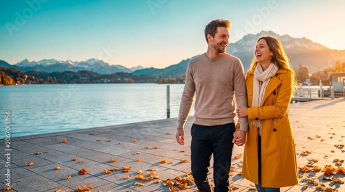 Romantic Autumn Lake Walk for Happy Couple