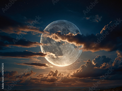 A massive luminous full moon peeks through layered shadowed cumulus clouds dotted with faint tiny stars; warm golden rim glow illuminates cloud edges against deep dark indigo night sky.