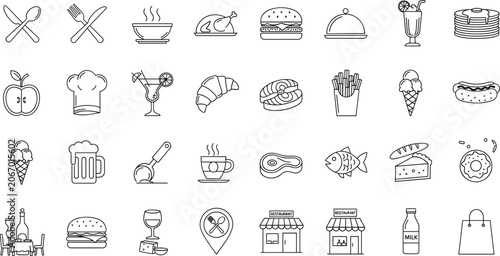 Food and restaurant outline icons set, minimal style with meals drinks snacks desserts and chef elements, vector illustration