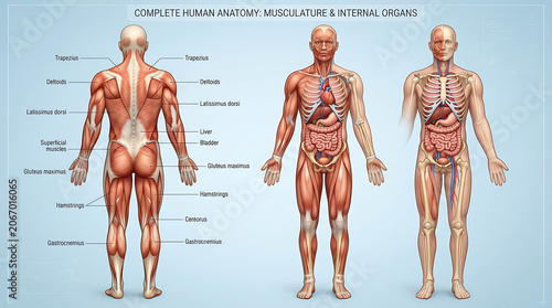 Complete human anatomy chart showing musculature and internal organs
