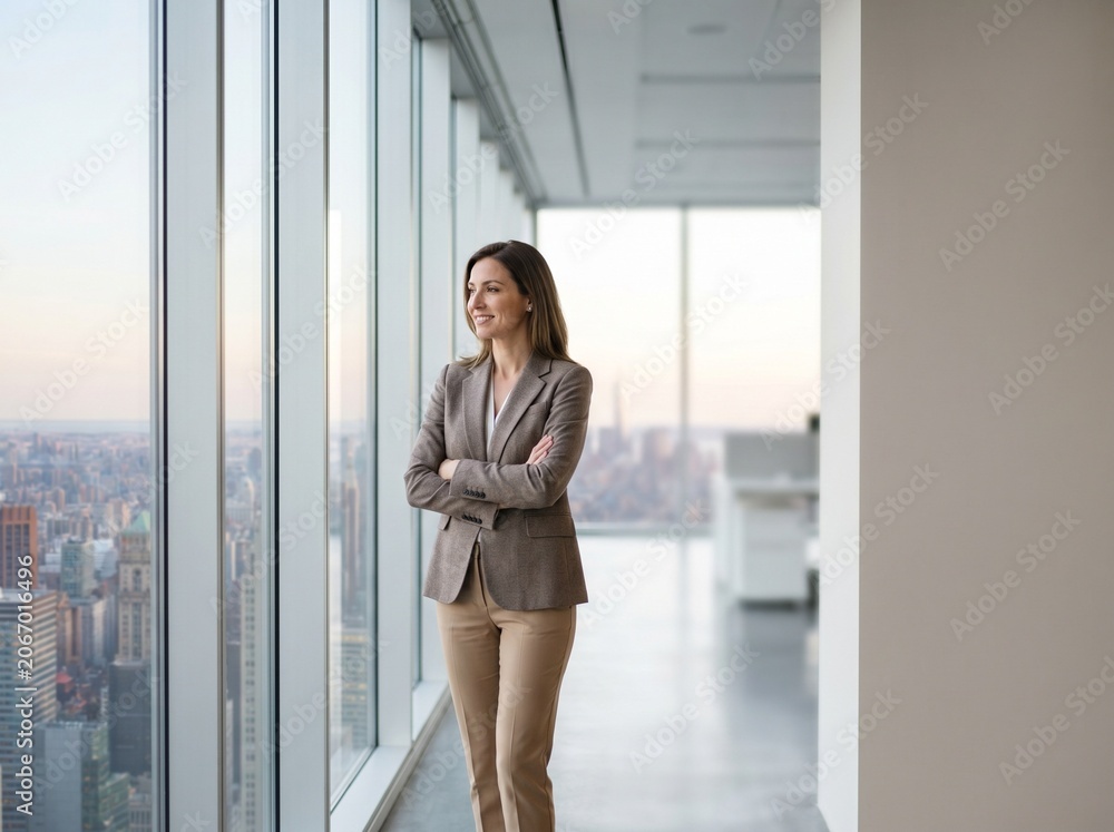 Fototapeta premium Confident businesswoman in brown blazer standing with arms crossed by floor to ceiling window in high rise city office