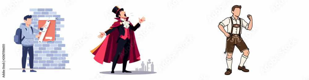 Fototapeta premium Cartoon characters in theatrical and traditional attire with a student