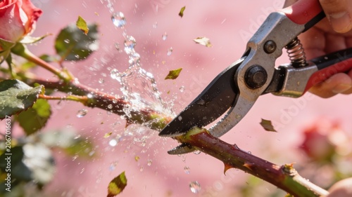 An action shot of metallic pruning shears cutting a thorny rose stem, sending a dramatic splash of water and green sap flying against a pink background.
