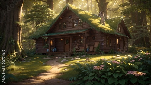 A rustic log cabin nestled in a deep forest