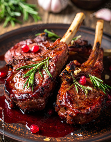 Thick lamb chops marinated in rosemary and garlic grilled to perfection served with pomegranate molasses on a plate.