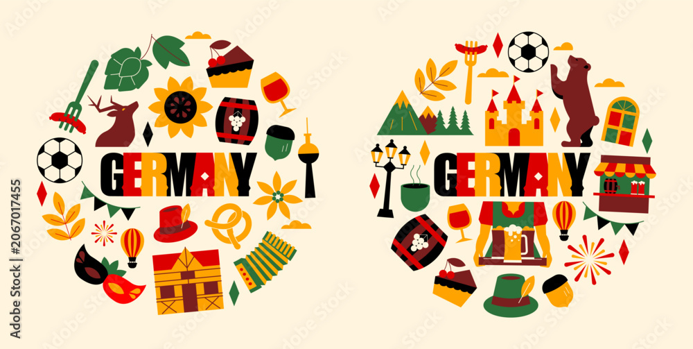 Naklejka premium Germany and Berlin Round Travel Compositions with Icons, Geometric Illustration Set