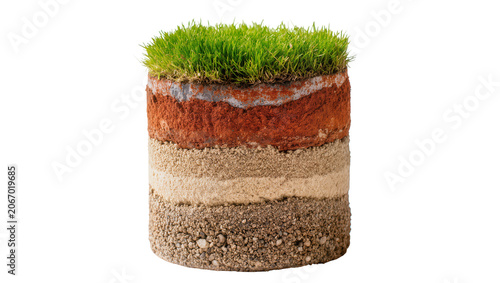 Canvastavla Isolated soil profile with distinct layers and green grass on top, environmental