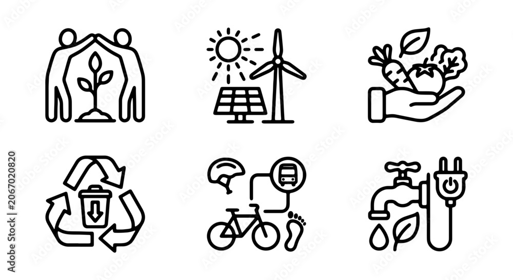Obraz premium Eco Icons Set: Sustainability, Renewable Energy, Recycling, Healthy Food, Green Transport