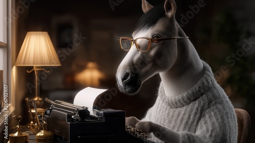Horse wearing reading glasses and typing on a vintage typewriter in warm lamp light, capturing creativity, nostalgia, and whimsical imagination.
