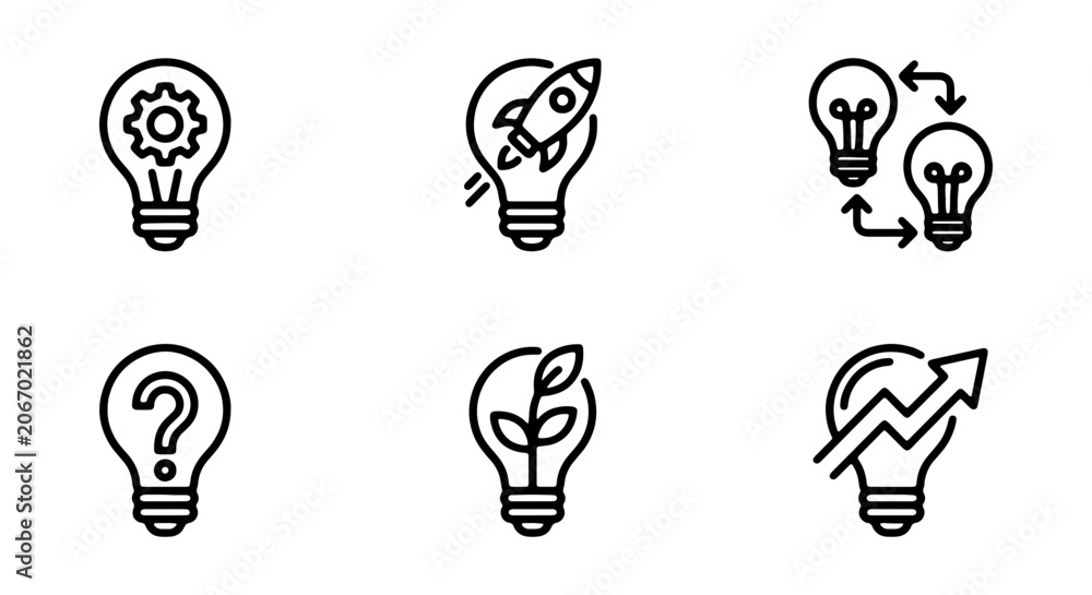 Naklejka premium Lightbulb Icons: Innovation, Growth, Strategy, Question, Startup, Process