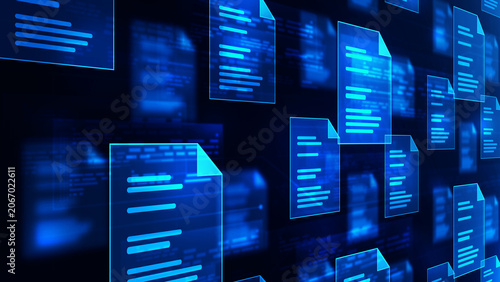 Abstract digital documents floating in a dark blue cyberspace
