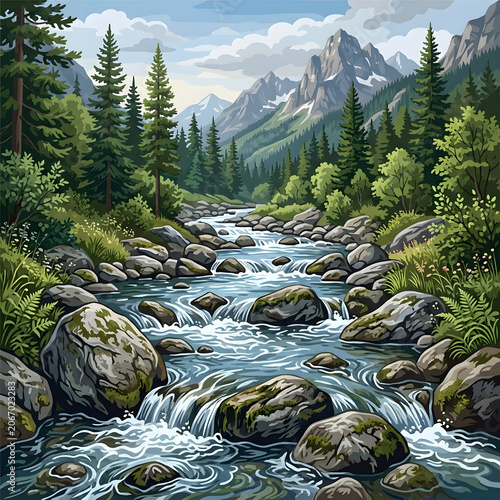 Clear Mountain Stream Flowing Through Forest Valley.