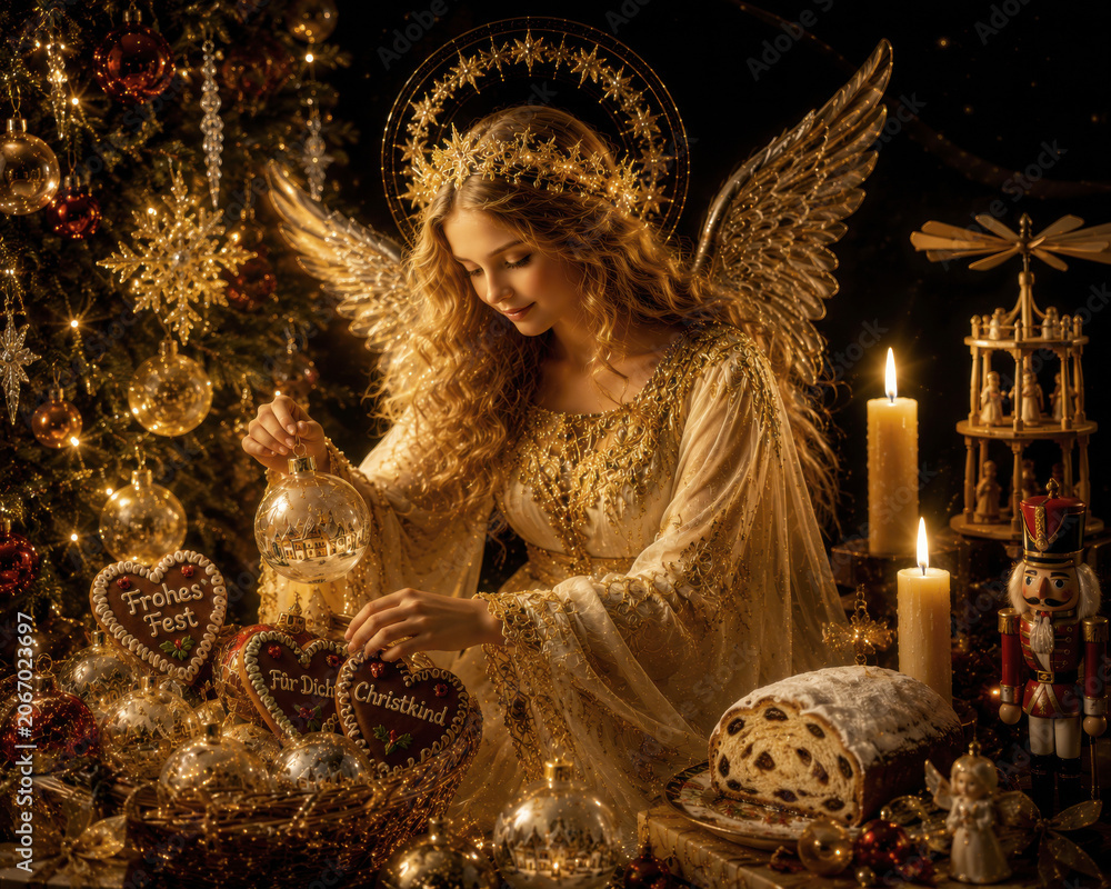 Obraz premium Festliches Christkind dekoriert liebevoll Weihnachtskugeln und Lebkuchenherzen vor goldenem Lichterglanz und verkörpert deutsche Weihnachtstradition.
