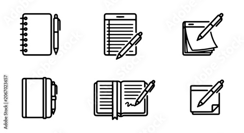 Notebook and Pen Icons, Writing and Note Taking Vector Set, Office Supplies and Stationery Graphics