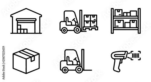 Warehouse Logistics Icons: Forklift, Boxes, Scanner, Storage, Delivery Vector Set