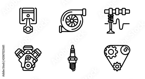 Automotive Engine Parts Icons, Mechanical Components, Vehicle Service Graphics, Motor Industry