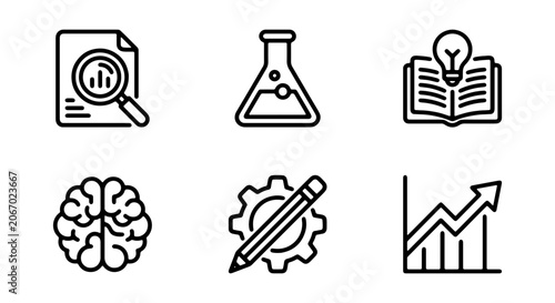Science and Research Icons: Brain, Flask, Book, Magnifying Glass, Graph, Gear