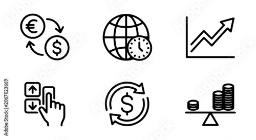 Finance Icons: Currency Exchange, Global Time, Growth Chart, Stock Ticker, Money Flow, Balance Scales