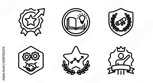 Achievement Icons: Success, Award, Education, Partnership, Victory, Diploma Vector Set