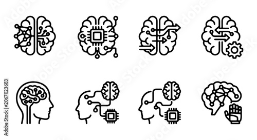 AI Brain Icons, Neural Network Symbols, Machine Learning Concepts, Technology Vector Set