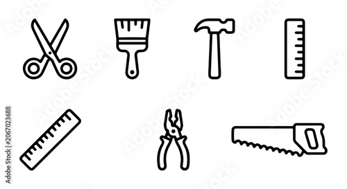 Essential Tools Icons Set, Crafting, DIY, Repair, Black and White Vector Graphics