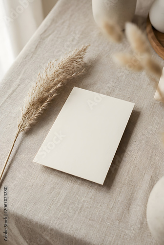 Blank Cream Card Mockup With Dried Grass on Table