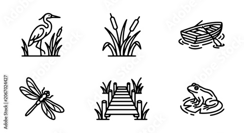 Nature Icons Set: Heron, Cattails, Rowboat, Dragonfly, Dock, Frog, Vector Art