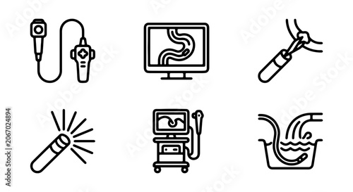 Medical Endoscopy Icons, Gastrointestinal Procedure Vector Set, Diagnostic Equipment Graphics