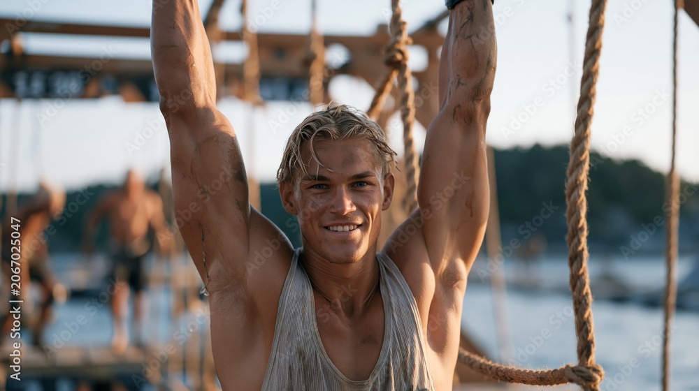 Fototapeta premium Obstacle course racer hanging from a floating dock obstacle over a lake, one hand slipping, face showing raw determination, the dock rocking under the weight of two other