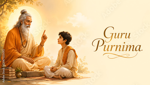 Guru purnima hindu relegious festival with glowing guru teaching young disciple near books in golden sunlight with elegant devotional typography background space