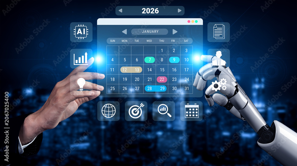 Fototapeta premium AI managing 2026 schedules and business calendars, automating event planning and optimizing productivity across organizational workflows Parse
