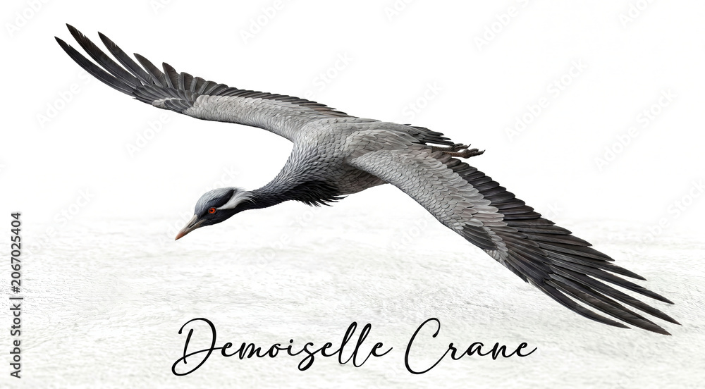 Obraz premium High-quality digital illustration of a demoiselle crane flying with wide open wings.