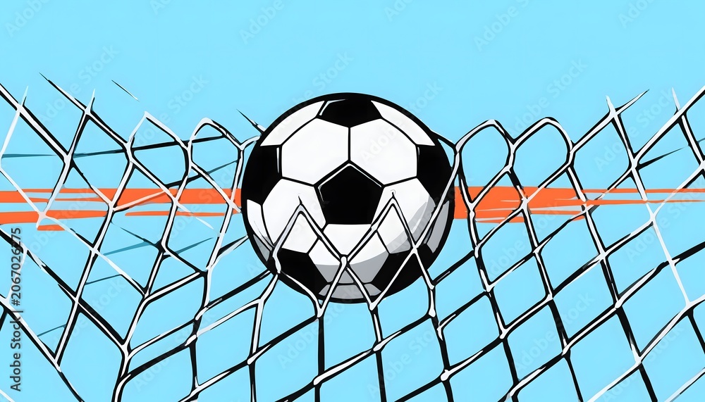 Naklejka premium Captivating graphic illustration: soccer ball impacts goal net with powerful victory action, bright blue sky visible, suitable competitive sports promotion.