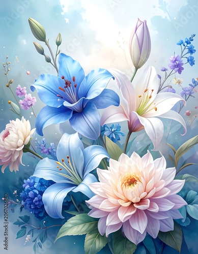 Vibrant spring flowers in soft blue and pink tones.
