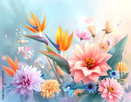 Vibrant tropical flower arrangement with butterflies.