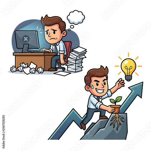 Businessman with lightbulb idea in modern office setting.