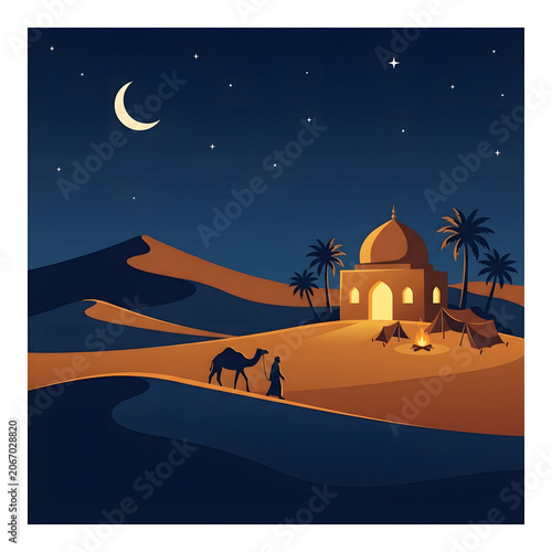 Camel silhouetted against desert sunset with mosque.