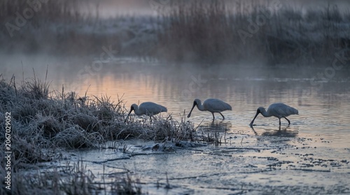 Black-faced spoonbill in a foggy brackish water area