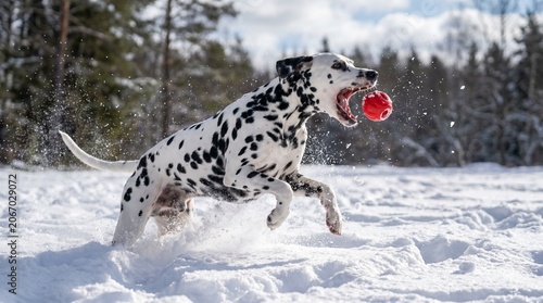 Dalmatian and red ball running in a snowfield