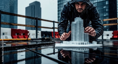 Dedicated Architect Finalizing Building Model On A Rainy City Construction Site