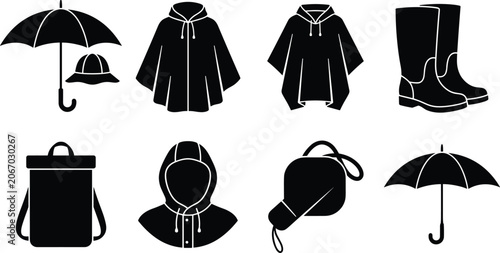 Rainy weather gear and waterproof apparel protective clothing black solid silhouette vector icon set