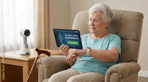 Elderly woman engaging with a tablet for a fall risk assessment, showcasing advanced home health monitoring technology and a wearable device for senior care