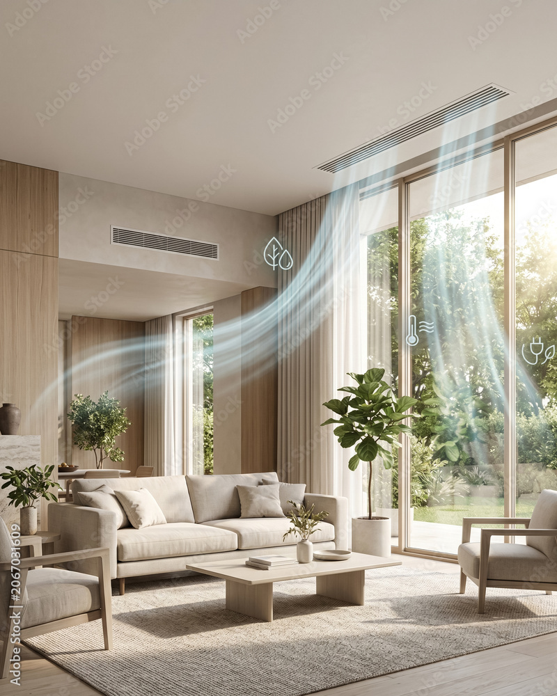 Fototapeta premium Smart home climate control with clean air flow in modern living room