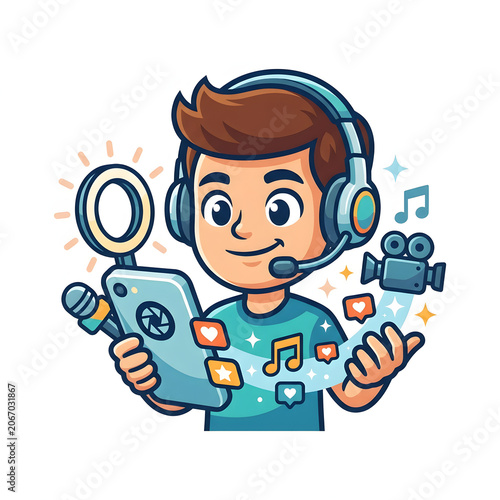 Cartoon boy playing ukulele with musical notes floating around.