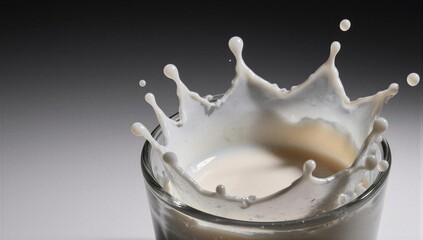 Milk splash in a transparent glass cup. Liquid crown formation frozen in motion. Fresh dairy drink photography, high speed capture of food and beverage item for healthy lifestyle concept.