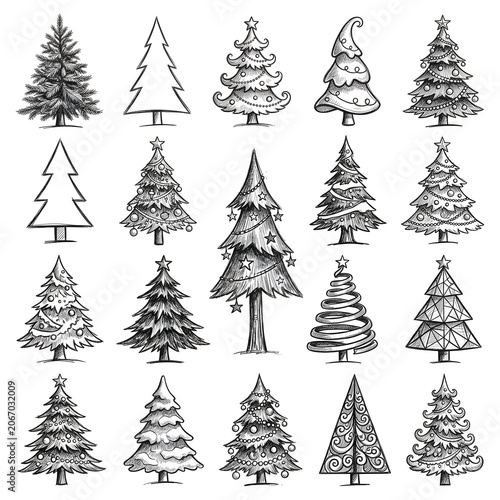 Collection of diverse Christmas tree illustrations in various styles.