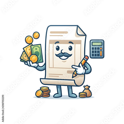 Cartoon Calculator Character Holding Money and Coins.