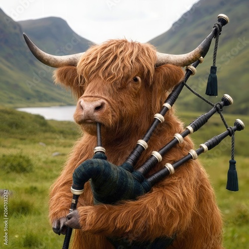 A Highland cow humorously plays the bagpipes in a lush green valley, its shaggy coat and large horns adding to the unique scene