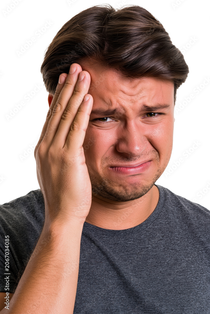 Fototapeta premium Young male holding his forehead with a troubled expression, stress and headache symptom isolated on transparent background 
